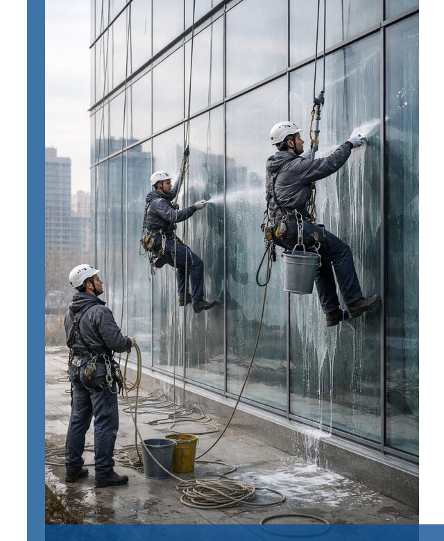 Промышленная мойка панорамных окон на высоте в Устях-Илимске