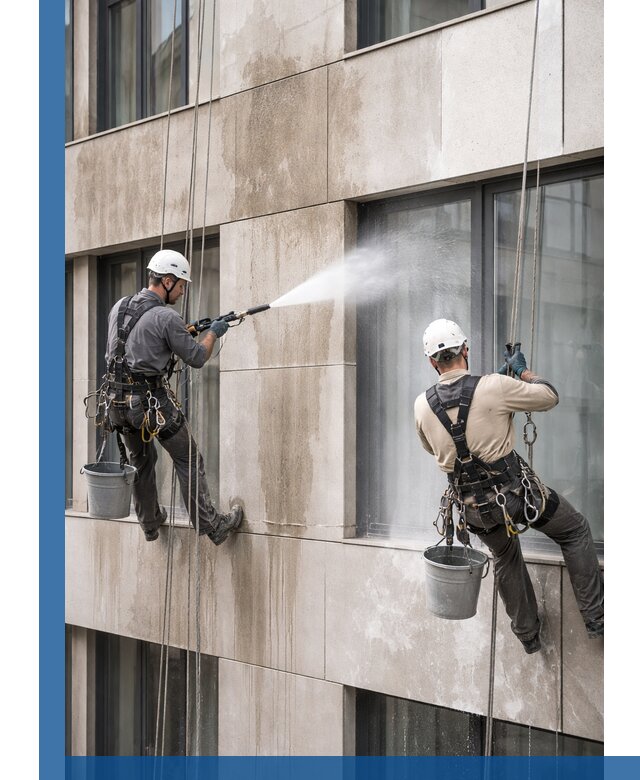 Послестроительная мойка фасада промышленным альпинизмом в Устях-Илимске