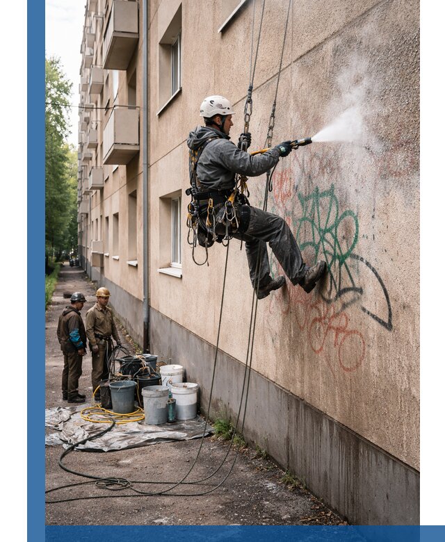 Удаление граффити с фасада в Устях-Илимске без следов и повреждений