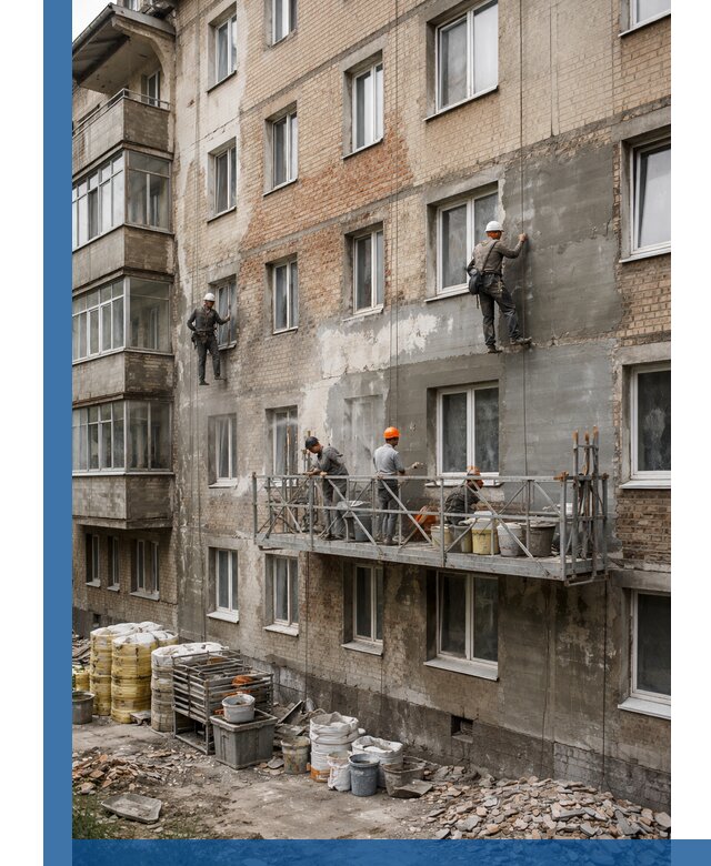 Капитальный ремонт фасада в Устях-Илимске с восстановлением и гидроизоляцией