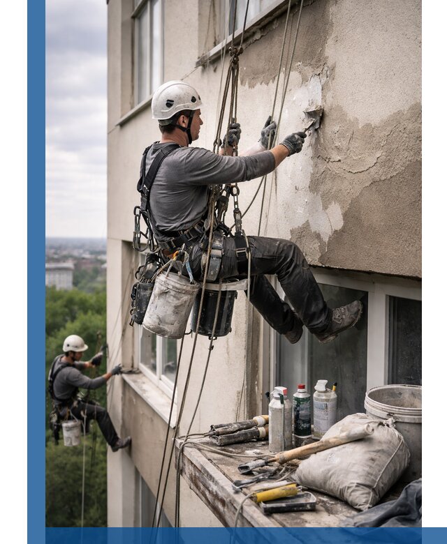 Косметический ремонт фасада зданий в Устях-Илимске промышленными альпинистами