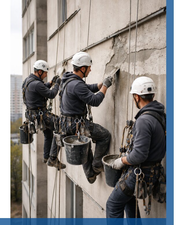 Ремонт бетонных элементов фасада в Устях-Илимске от 2600 р. | ВЫСОТНИК-Сть