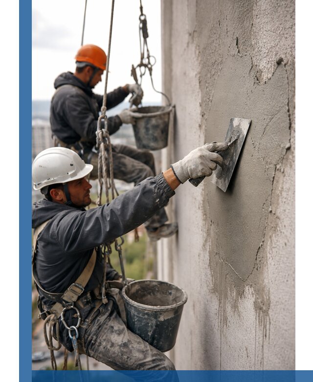 Штукатурка фасада на высоте в Устях-Илимске профессиональные работы