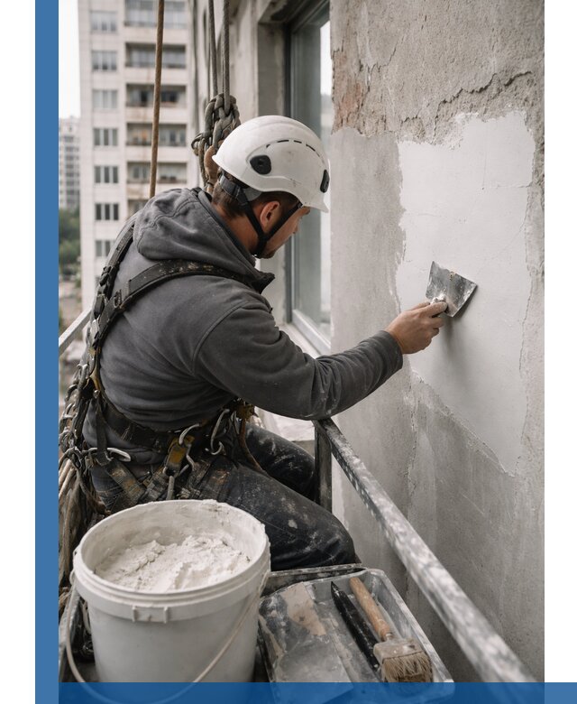 Шпаклевка фасадов на высоте с промальпинистами в Устях-Илимске