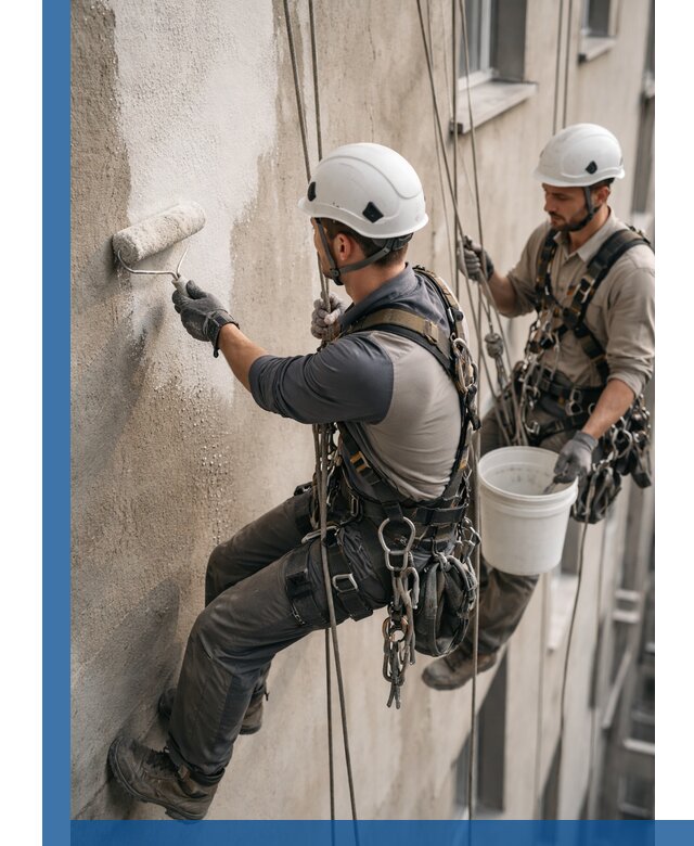 Грунтовка фасада на высоте в Устях-Илимске промышленными альпинистами