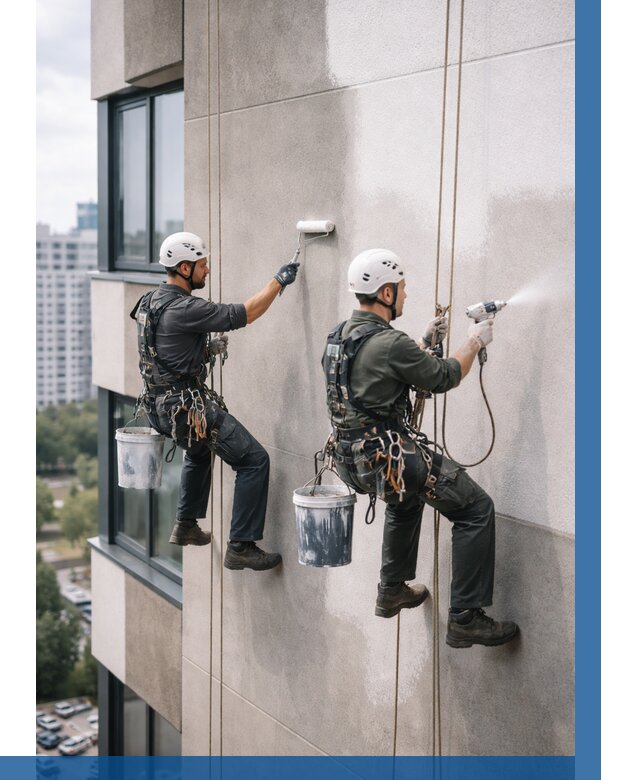 Покраска фасада альпинистами в Устях-Илимске от 312 р. | ВЫСОТНИК-Сть