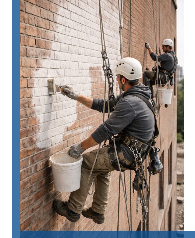 Покраска кирпичного фасада с доступным альпинистским сервисом в Устях-Илимске