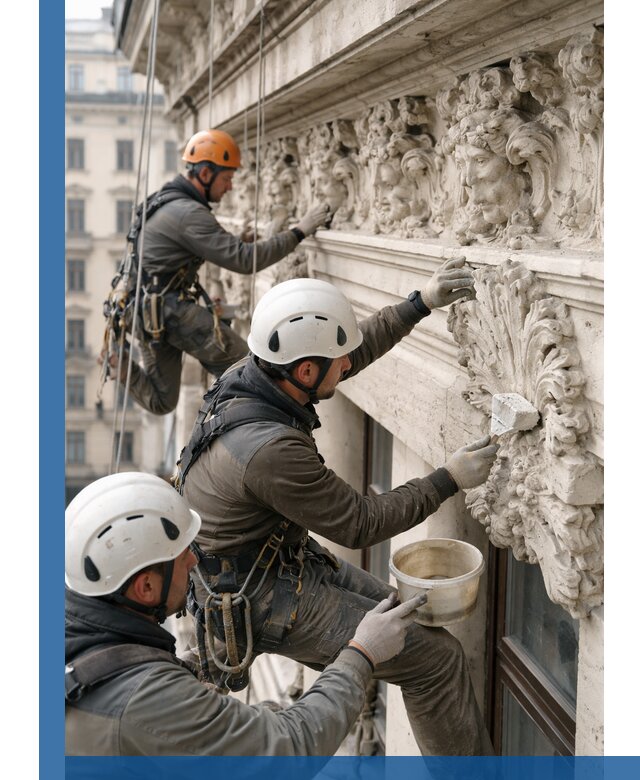 Реставрация фасадной лепнины с высотными работами в Устях-Илимске