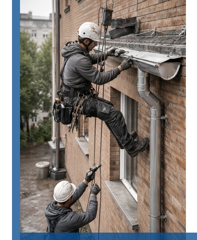 Монтаж водосточной системы на здании в Устях-Илимске под ключ