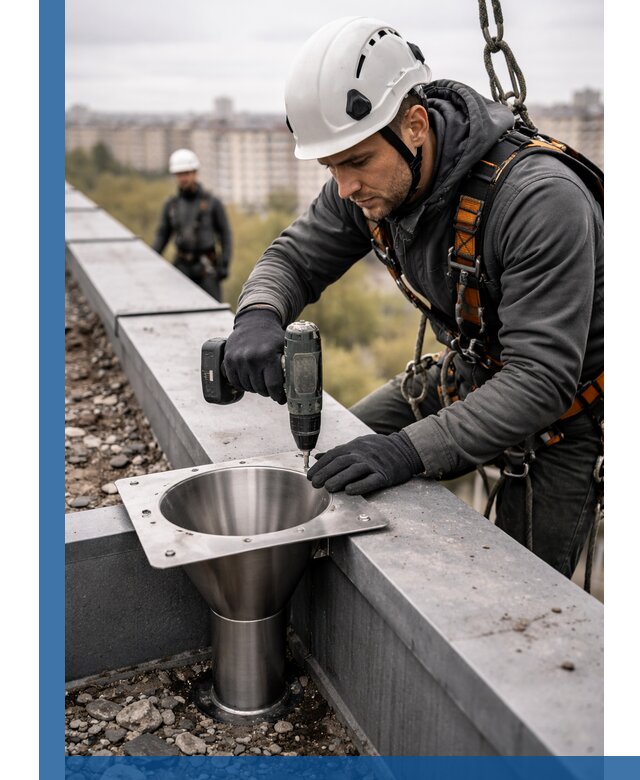 Монтаж водосточных воронок в Устях-Илимске для промышленных зданий