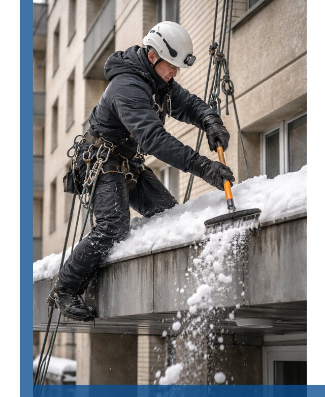 Очистка козырьков от снега в Устях-Илимске круглогодично безопасно