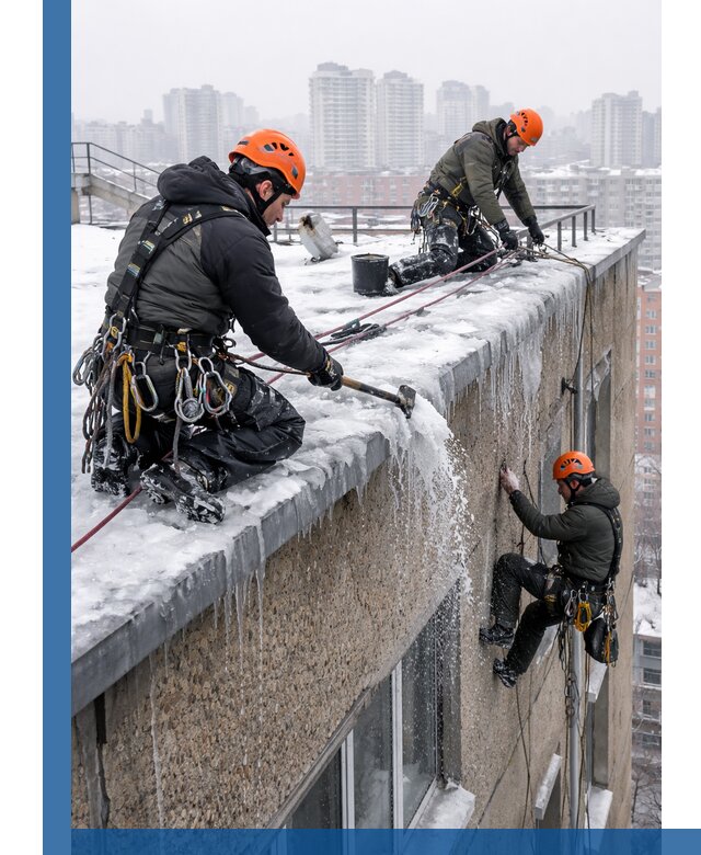 Удаление наледи с кровли в Устях-Илимске промышленными альпинистами