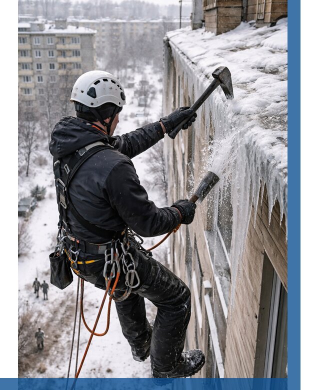 Сбивание сосулек с крыши в Устях-Илимске по цене от 4680 р. | ВЫСОТНИК-Сть