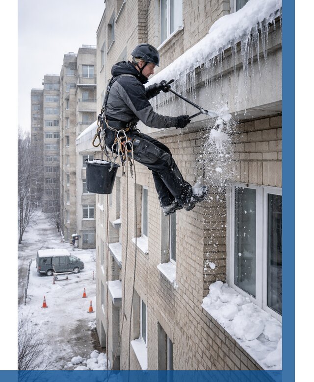 Удаление наледи с карнизов в Устях-Илимске от 364 р. | ВЫСОТНИК-Сть