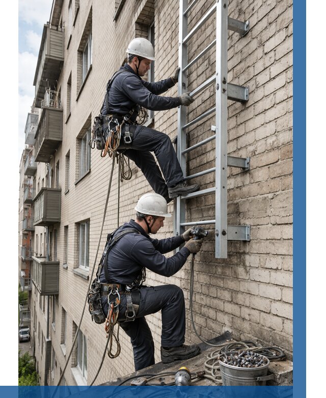 Монтаж пожарной лестницы в Устях-Илимске от 26000 р заказать у ВЫСОТНИК-Сть