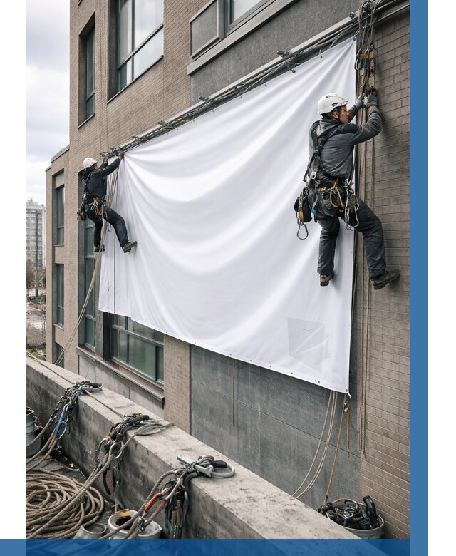 Монтаж баннеров на фасаде в Устях-Илимске от 676 р. заказать ВЫСОТНИК-Сть