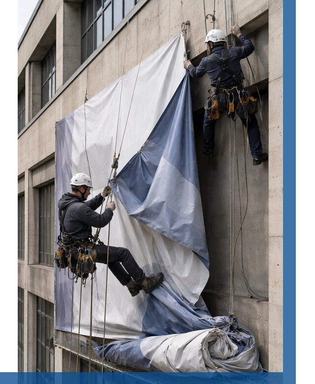 Демонтаж баннеров с фасада в Устях-Илимске от 4680 р. | ВЫСОТНИК-Сть