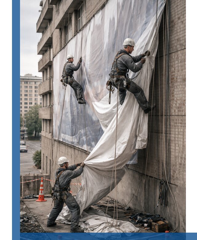 Демонтаж баннеров с фасада в Устях-Илимске оперативно и безопасно