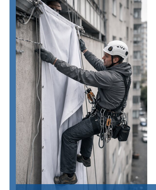 Замена баннерного полотна промышленными альпинистами в Устях-Илимске