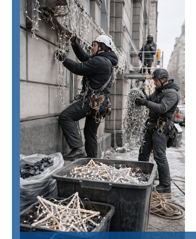 Демонтаж новогоднего оформления и гирлянд в Устях-Илимске