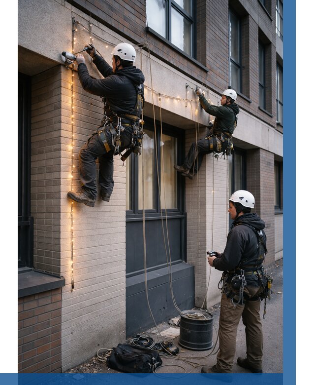 Монтаж гирлянд на фасаде в Устях-Илимске от 3640 р. | ВЫСОТНИК-Сть