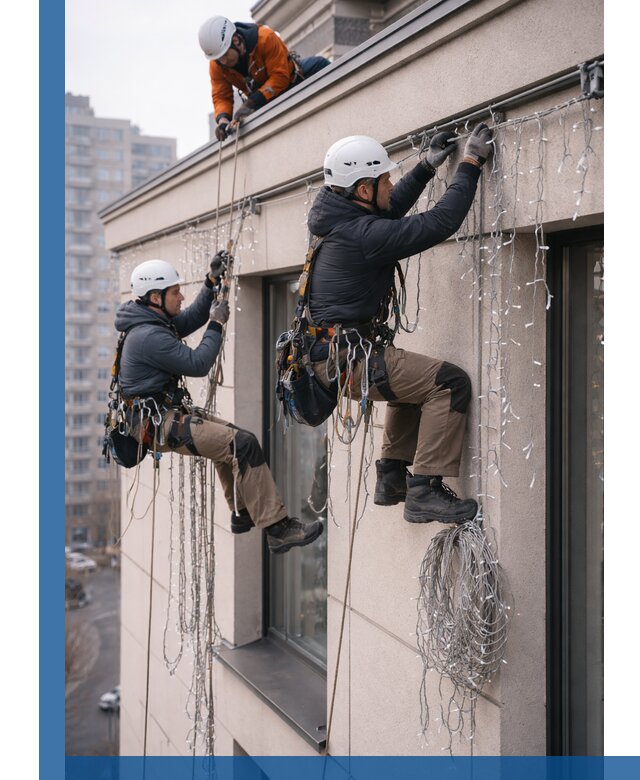 Монтаж праздничных гирлянд на фасаде в Устях-Илимске для зданий