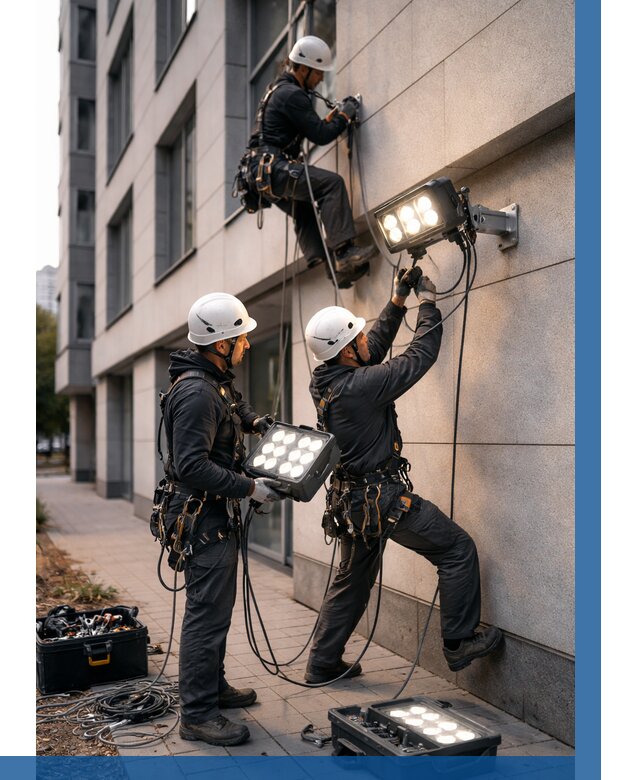 Монтаж прожекторов на фасаде в Устях-Илимске от 7800 р. | ВЫСОТНИК-Сть