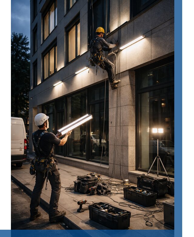 Монтаж архитектурной подсветки здания в Устях-Илимске от 2600 р.|ВЫСОТНИК-Сть