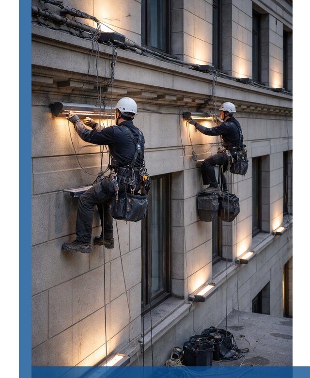 Монтаж архитектурной подсветки фасадов зданий в Устях-Илимске