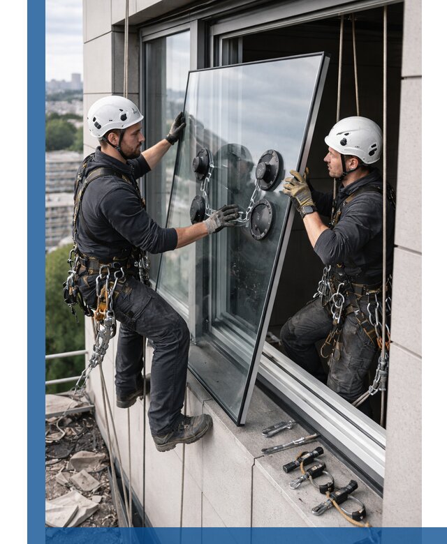 Замена стеклопакетов на высоте с промышленными альпинистами в Устях-Илимске