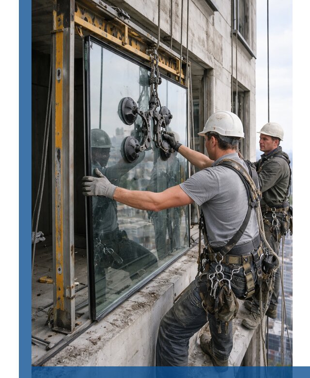 Монтаж стеклопакетов на высоте в Устях-Илимске с промышленным альпинизмом