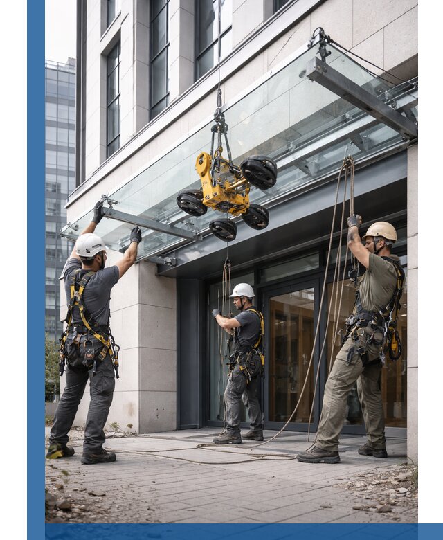 Монтаж стеклянных козырьков под ключ в Устях-Илимске для зданий