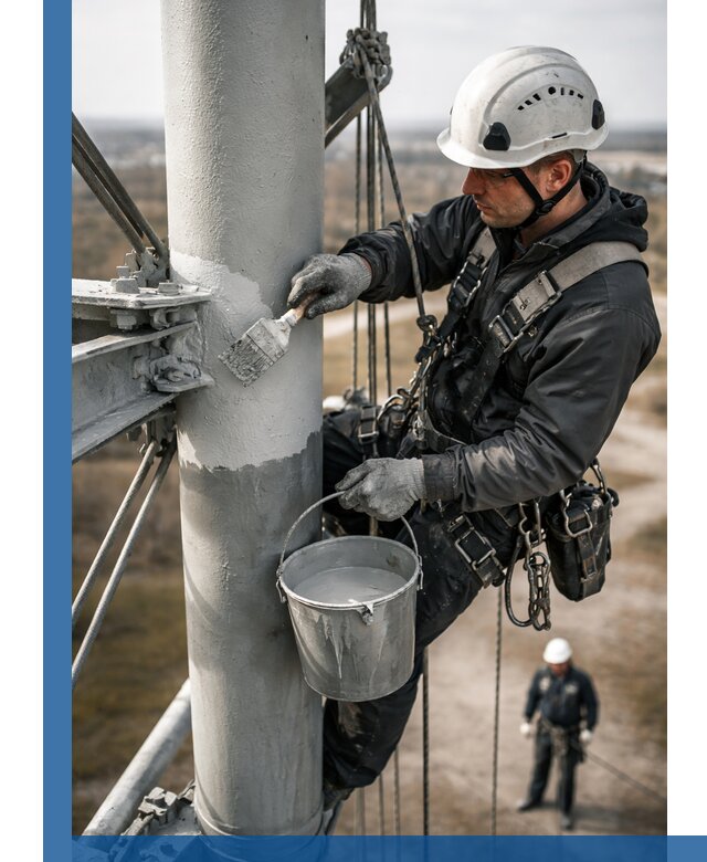 Покраска мачт связи в Устях-Илимске промышленными альпинистами
