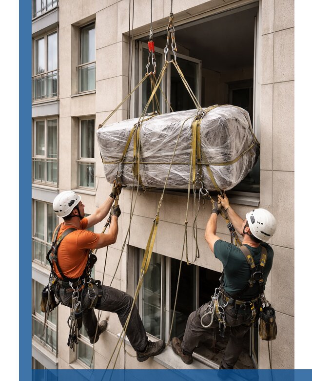 Подъем грузов через окно в Устях-Илимске промышленными альпинистами