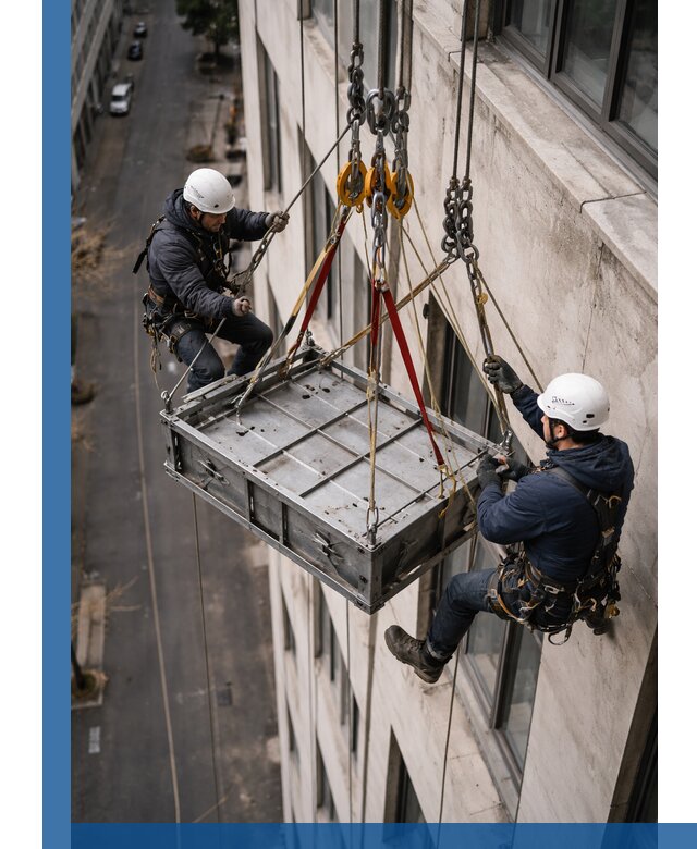 Спуск и подъем грузов по фасаду в Устях-Илимске для зданий