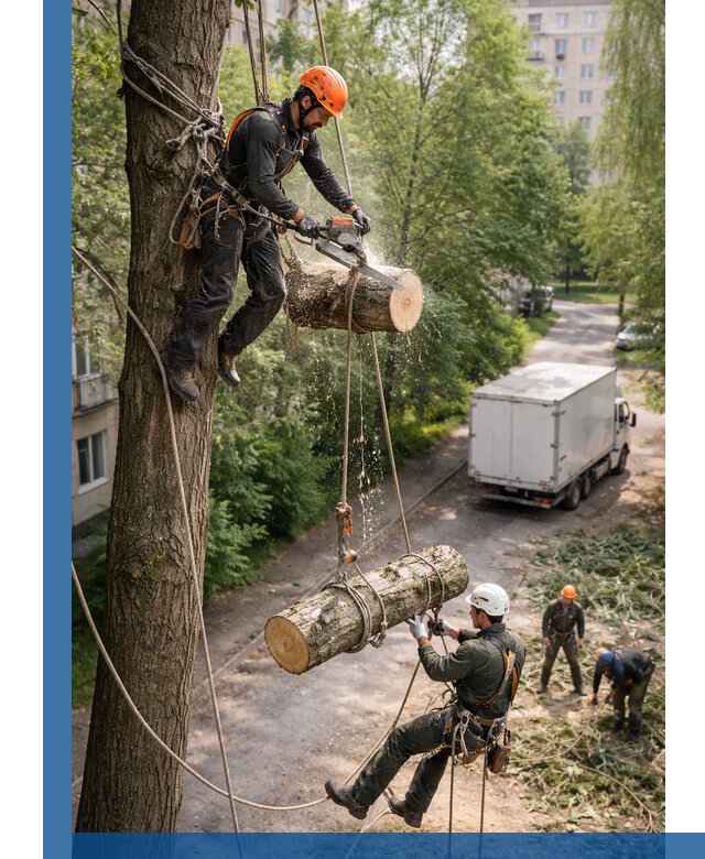 Спил деревьев альпинистами в Устях-Илимске, безопасно и без повреждений