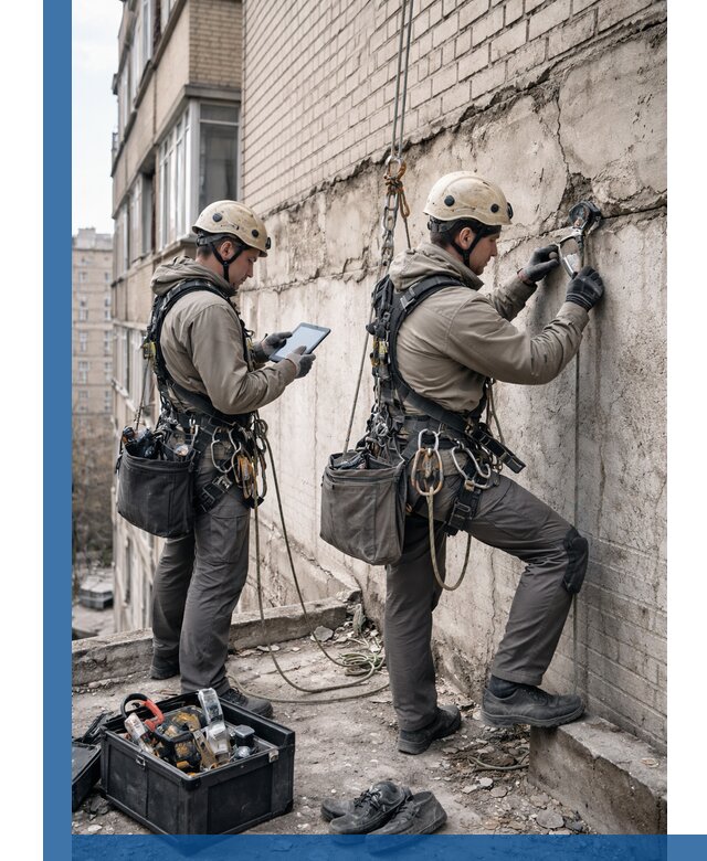 Обследование фасада промышленными альпинистами в Устях-Илимске